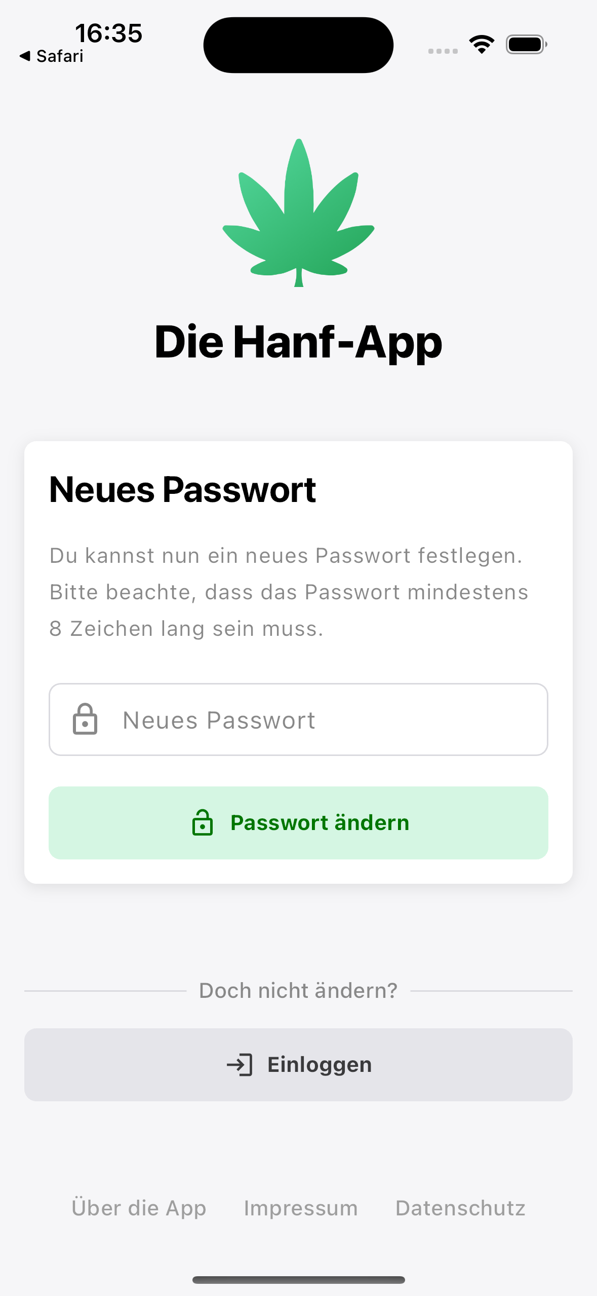 Hanf-App Passwort vergessen