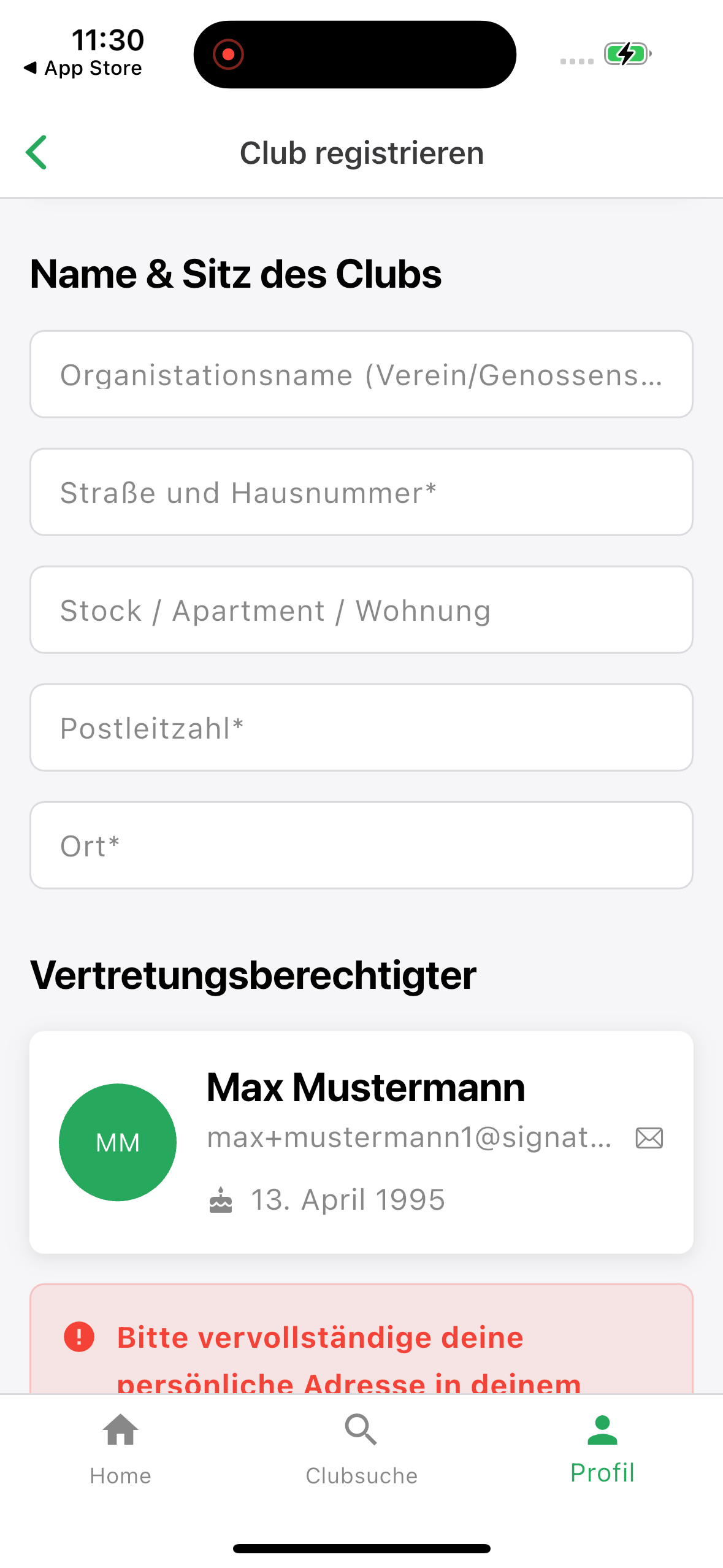 Einen neuen Club registrieren