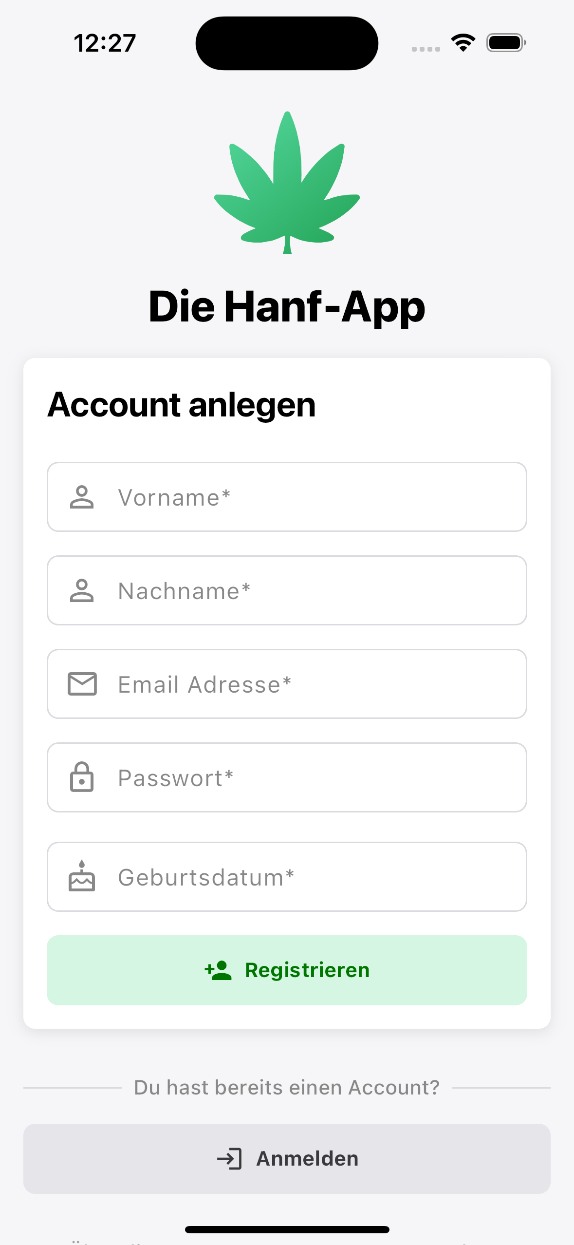 Hanf-App Account anlegen